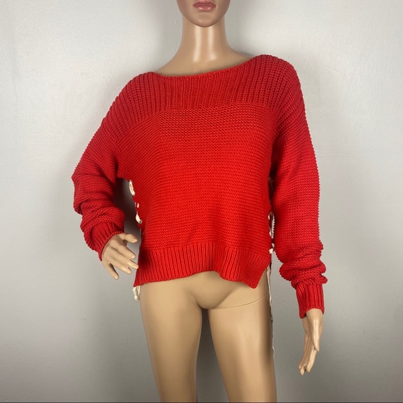 NEW 360SWEATER RED BOATNECK LACE-UP SWEATER - Picture 2 of 7